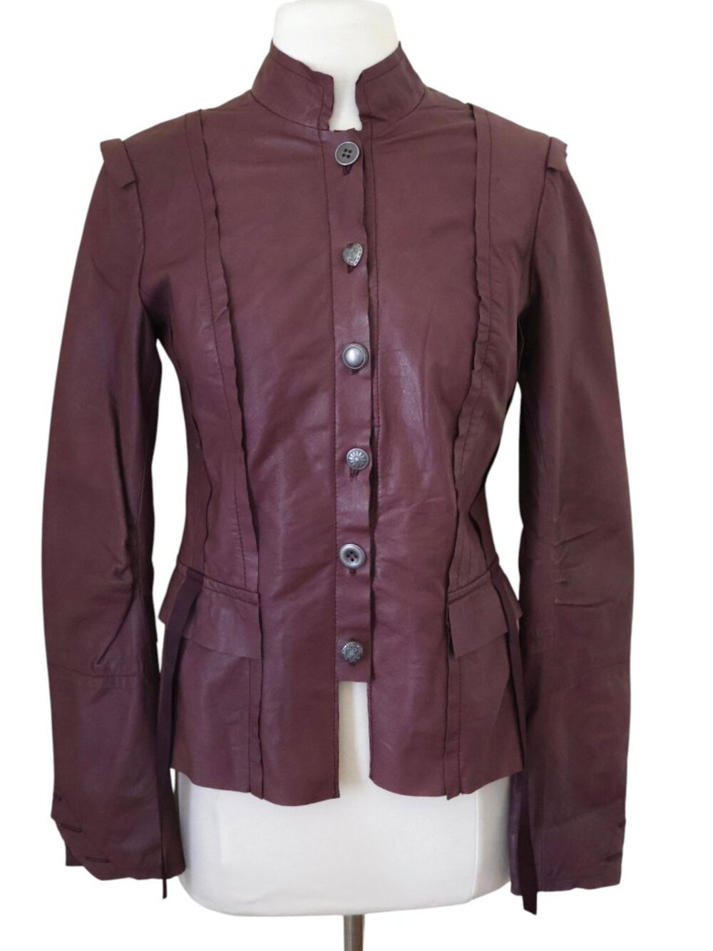 DANIER stand collar fitted leather jacket sz 2 XS Maroon